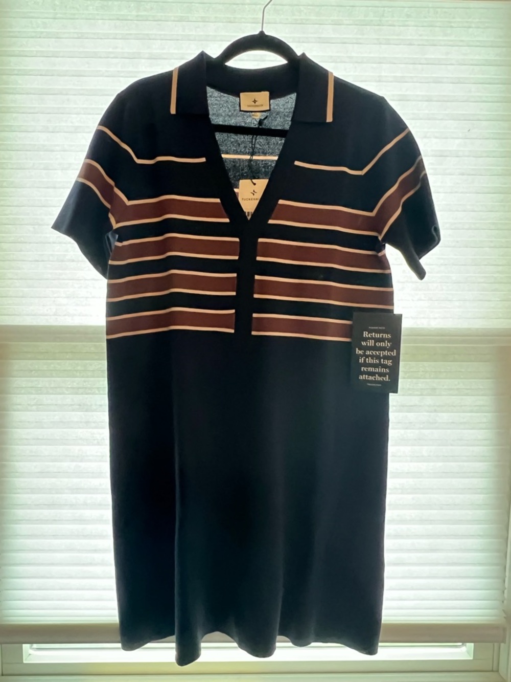 NWT Tuckernuck Navy Polo Shirt Dress with Brown & Cream Stripes